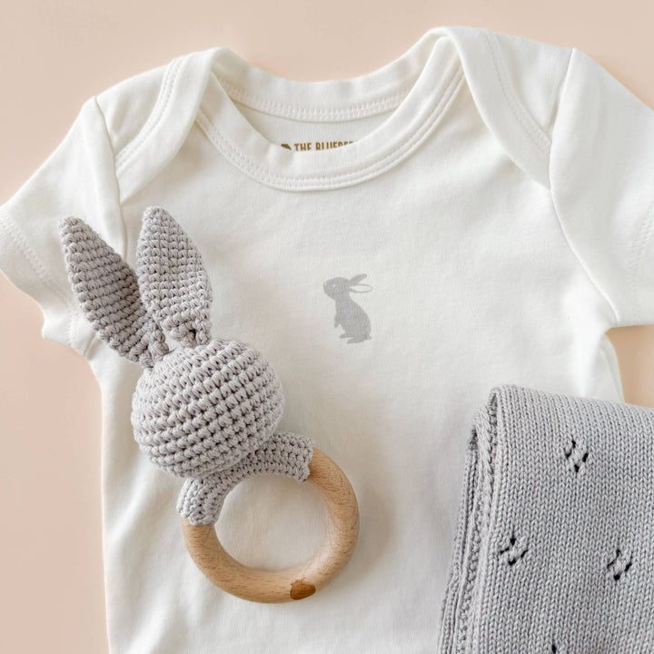 Teether Bunny Grey Cotton Rattle Baby Gift Easter Spring