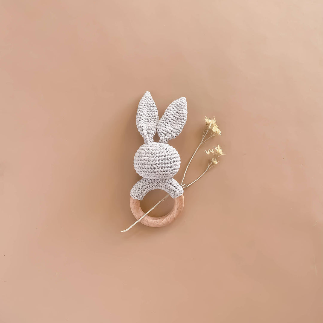 Teether Bunny Grey Cotton Rattle Baby Gift Easter Spring