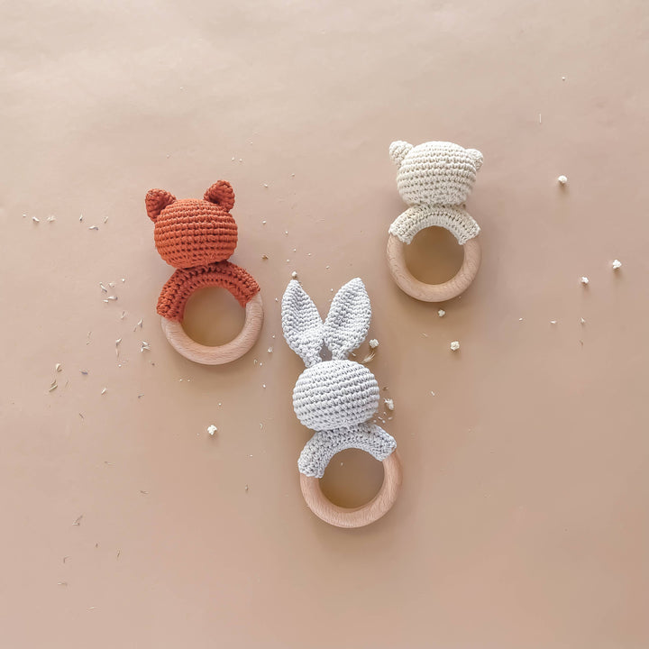 Teether Bunny Grey Cotton Rattle Baby Gift Easter Spring