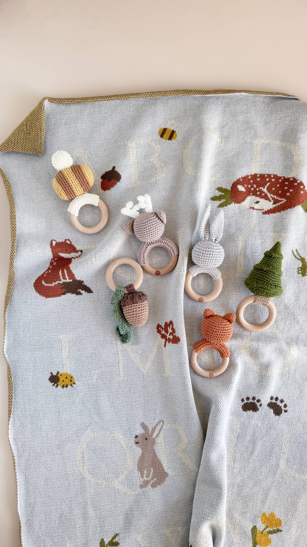 Teether Bunny Grey Cotton Rattle Baby Gift Easter Spring