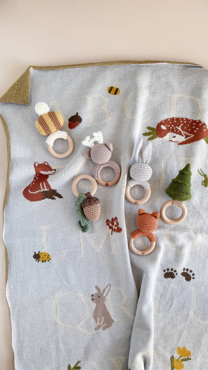 Teether Bunny Grey Cotton Rattle Baby Gift Easter Spring