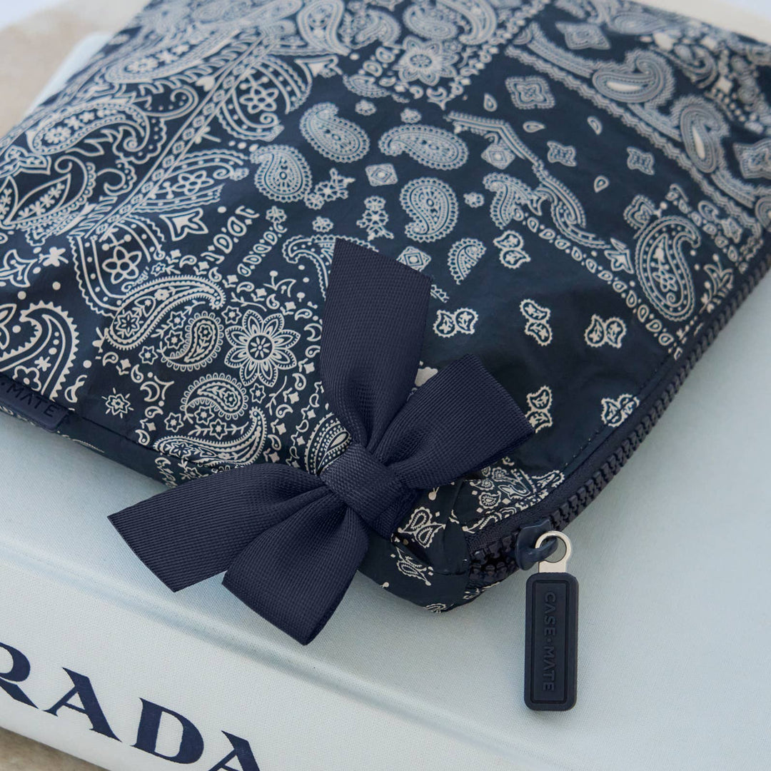 Navy Bandana Bow Crinkle Makeup Bag