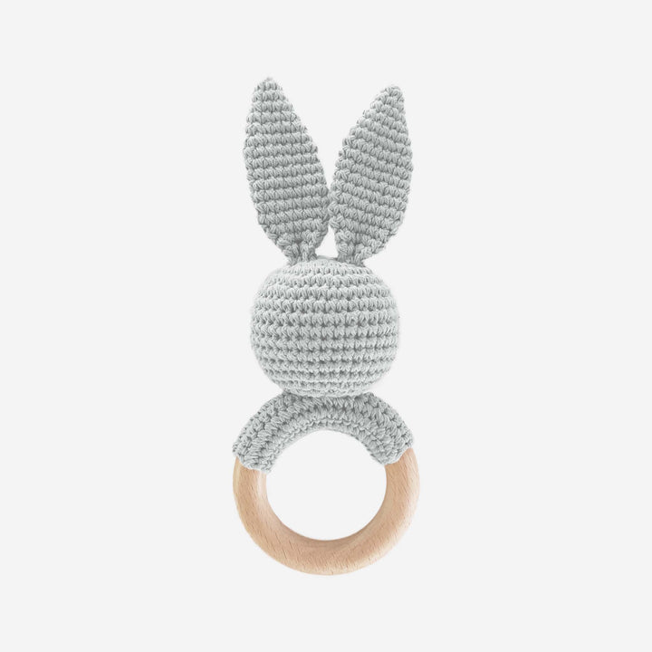 Teether Bunny Grey Cotton Rattle Baby Gift Easter Spring