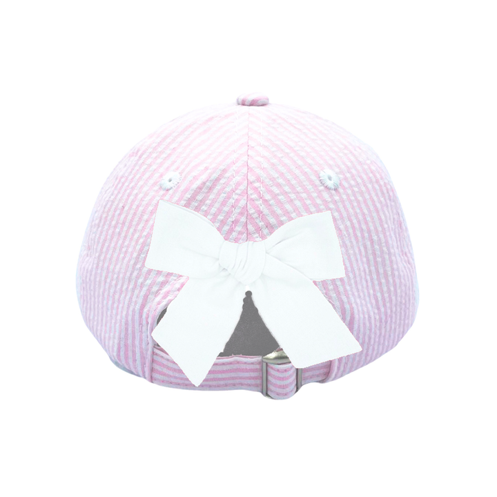 Candy Hearts Bow Baseball Hat in Pink Seersucker