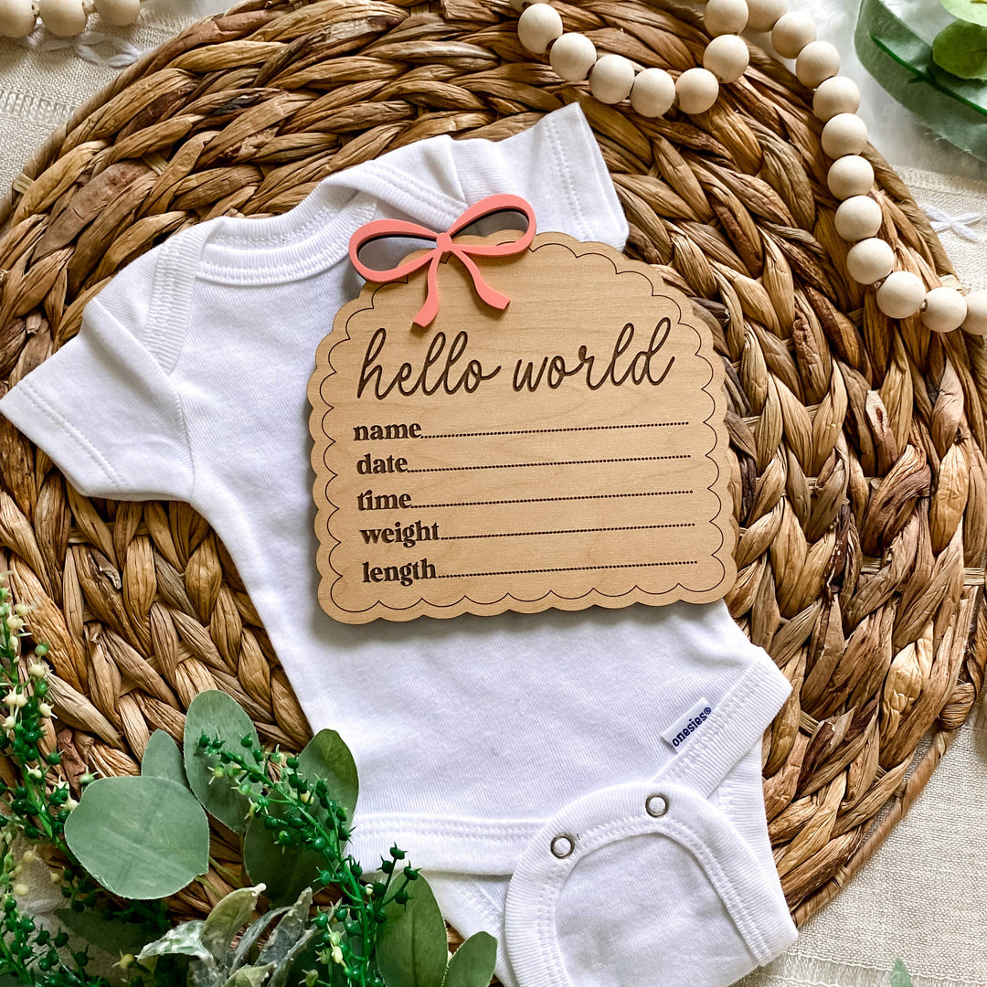Hello World Birth Stat Sign - Dainty Bow
