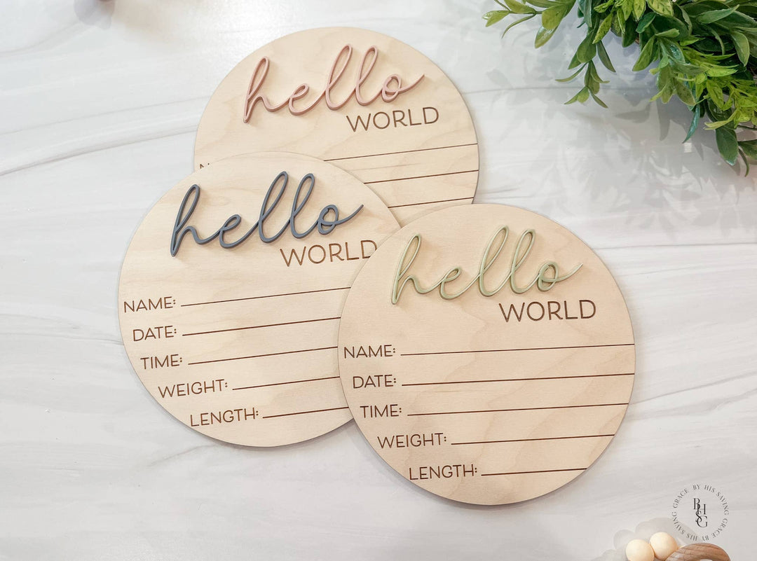 Wooden Hello World Baby Announcement Sign With Birth Stats 