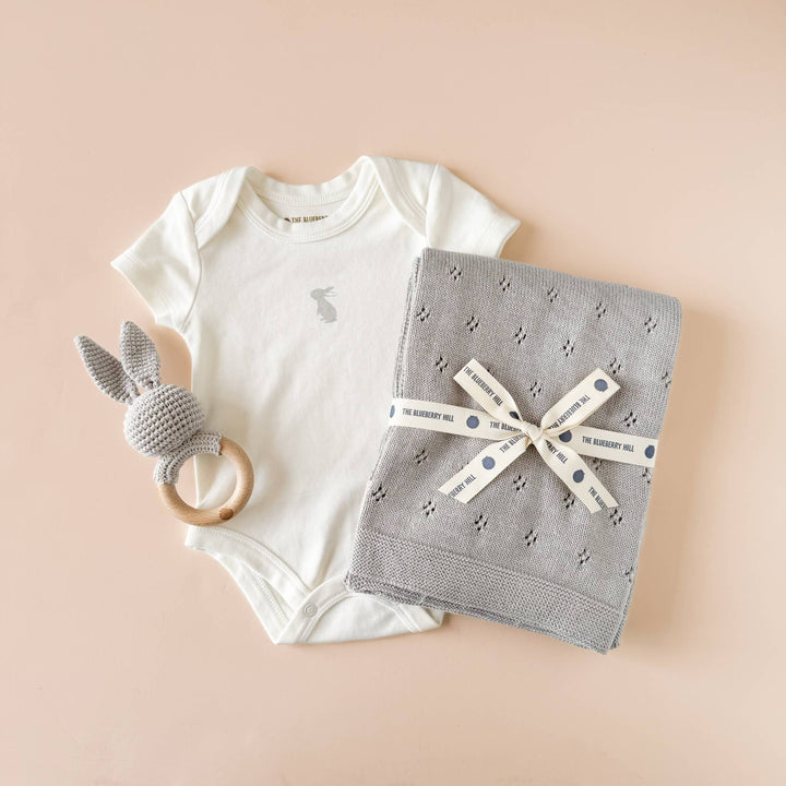 Teether Bunny Grey Cotton Rattle Baby Gift Easter Spring