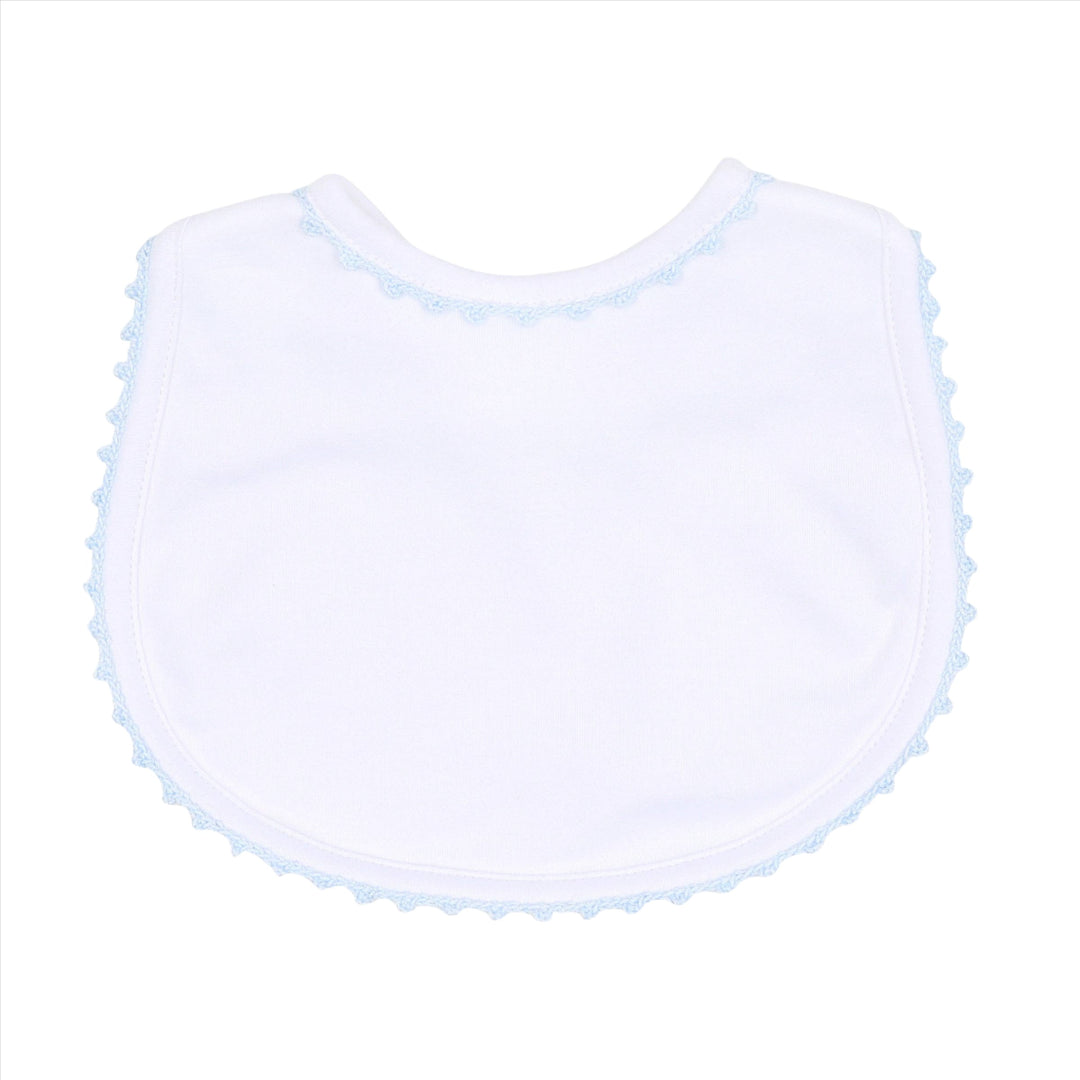 Baby Joy Bib with Light Blue Crochet Trim