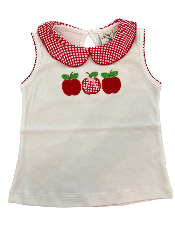Girls Sleeveless Top Horizontal Apples, White/Red Gingham Print