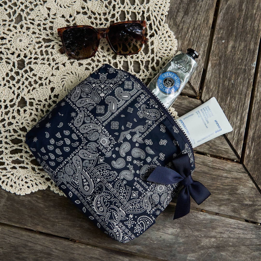 Navy Bandana Bow Crinkle Makeup Bag