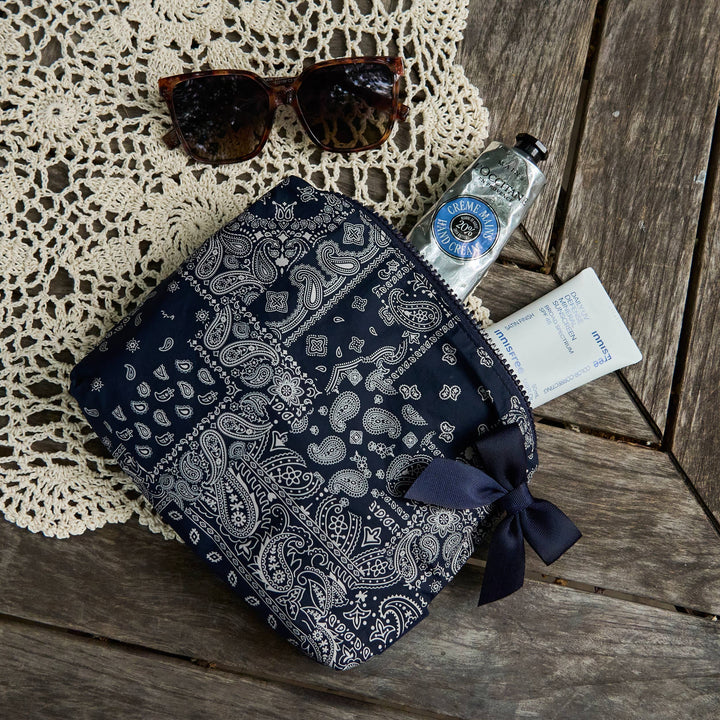 Navy Bandana Bow Crinkle Makeup Bag