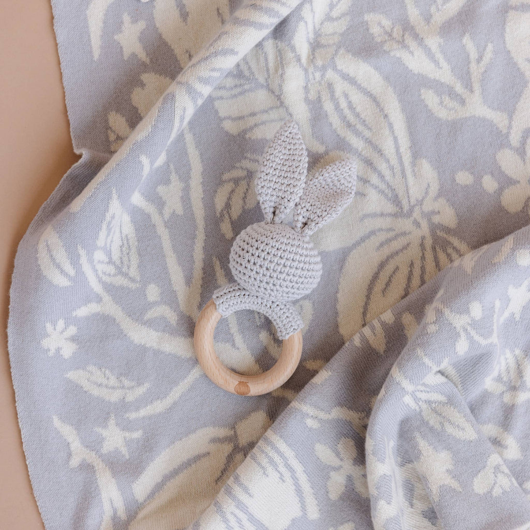 Teether Bunny Grey Cotton Rattle Baby Gift Easter Spring