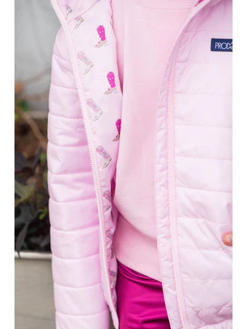 Girls Hooded Puffer Jacket in Pink Tulle with Cowboy Boot Print Liner