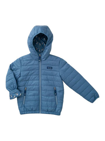 Boys Hooded Puffer Jacket in Faded Blue with Deer Head Printed Liner