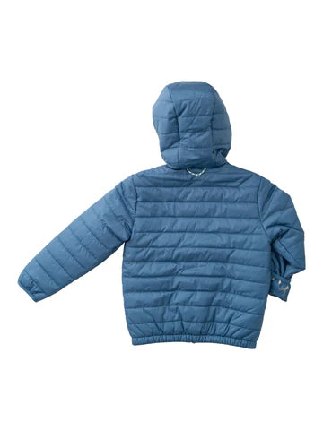 Boys Hooded Puffer Jacket in Faded Blue with Deer Head Printed Liner