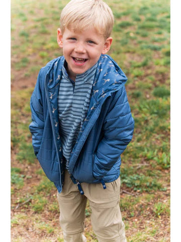 Boys Hooded Puffer Jacket in Faded Blue with Deer Head Printed Liner