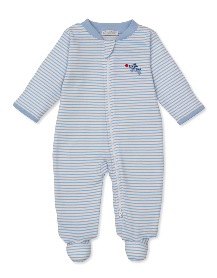 Light Blue Puppy Patch Stripe Zip Footie