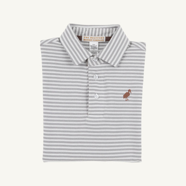 Long Sleeve Prim And Proper Polo  - Grantley Gray Stripe with Gray Bay Brown Stork
