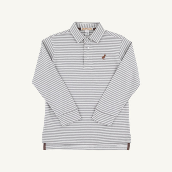 Long Sleeve Prim And Proper Polo  - Grantley Gray Stripe with Gray Bay Brown Stork