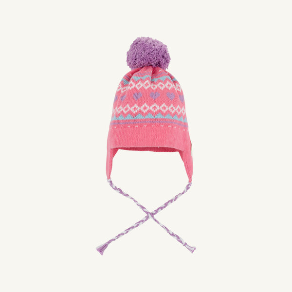 Parrish Pom Pom Hat Winter Park Pink with Fairisle Hearts