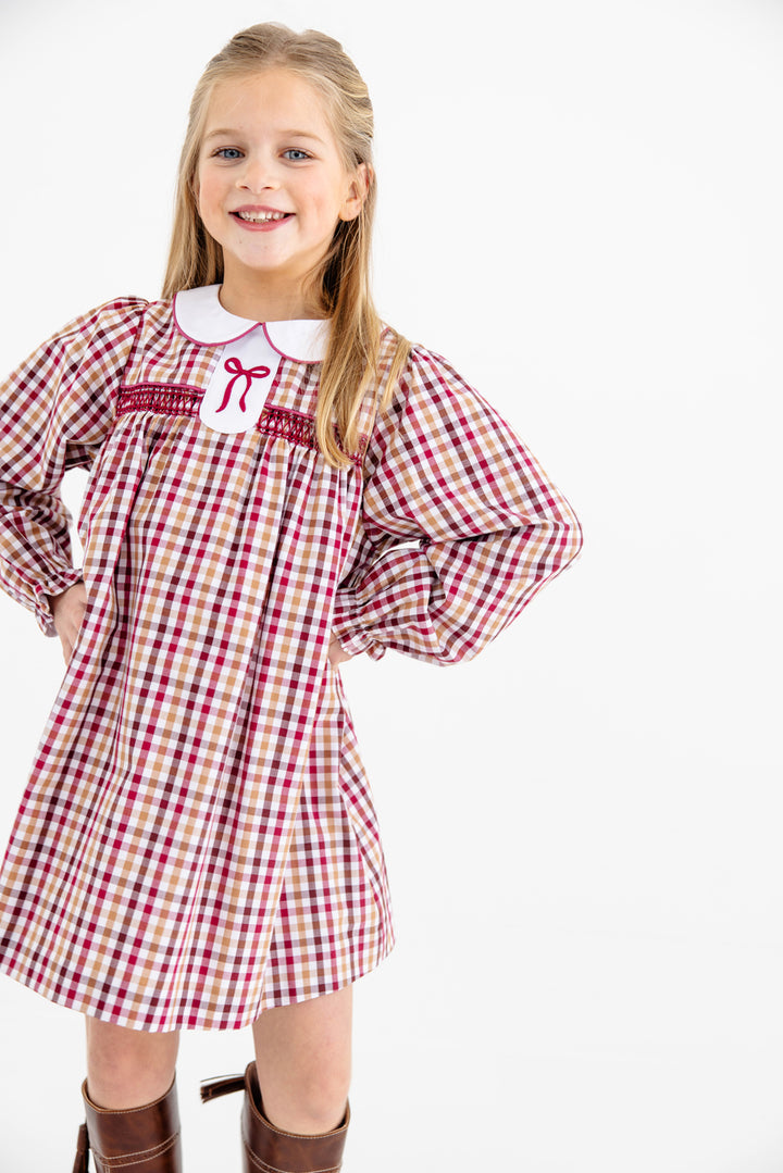 Long Sleeve Mary Dal Dress Easton Pond Plaid with Worth Ave White