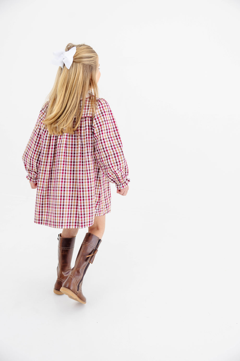 Long Sleeve Mary Dal Dress Easton Pond Plaid with Worth Ave White