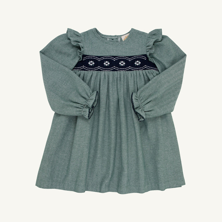 Long Sleeve Daphne Dress Grier Green Herringbone with Nantucket Navy