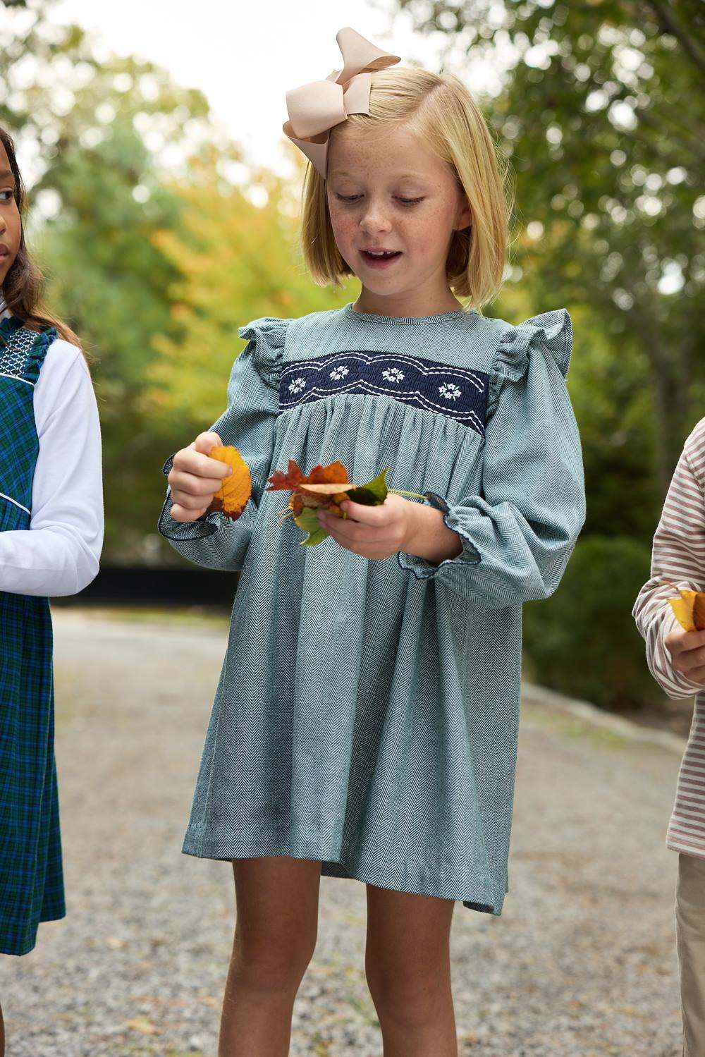 Long Sleeve Daphne Dress Grier Green Herringbone with Nantucket Navy