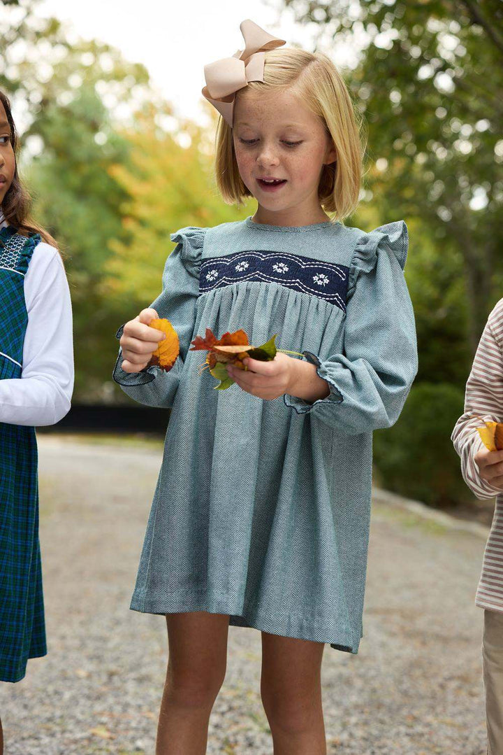Long Sleeve Daphne Dress Grier Green Herringbone with Nantucket Navy