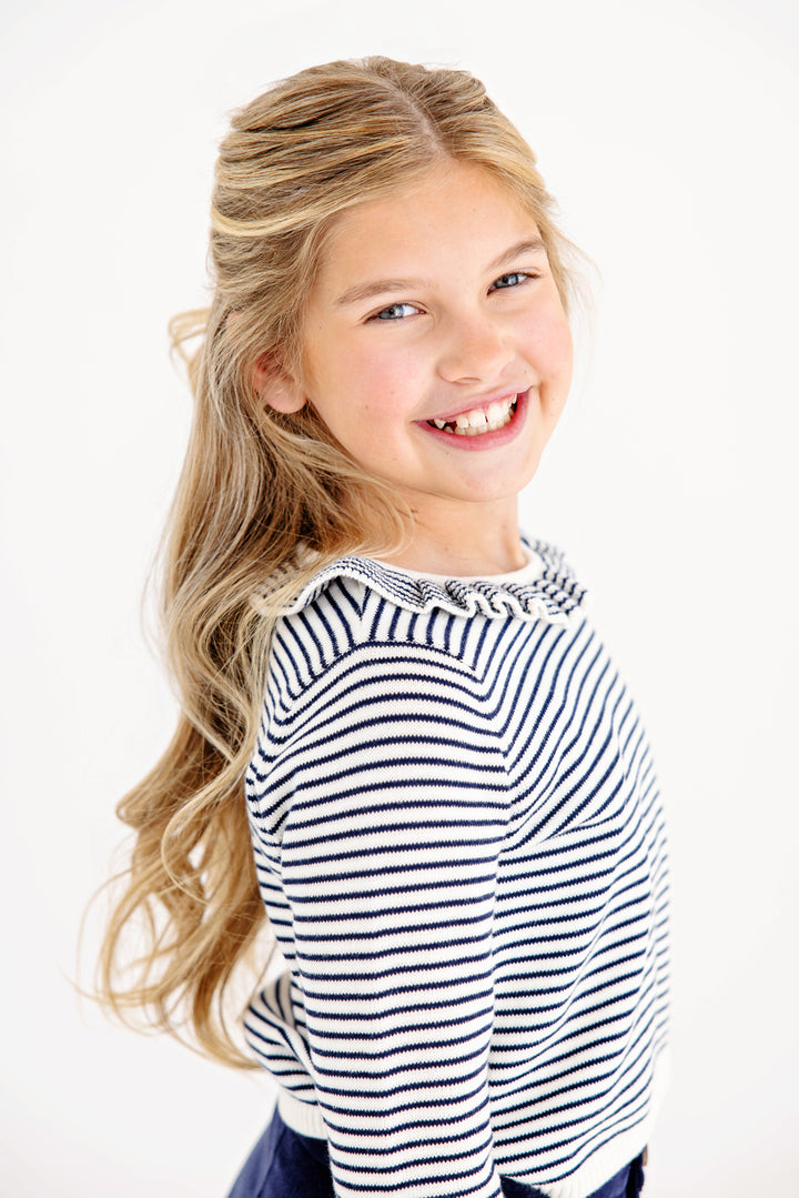 Reece Ruffle Sweater Nantucket Navy and Palmetto Pearl Stripe