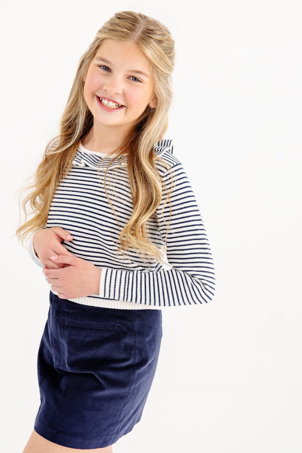 Reece Ruffle Sweater Nantucket Navy and Palmetto Pearl Stripe