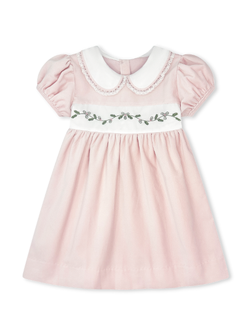 Sue Shaw Dress Petite Pink Velvet, Holly Embroidery