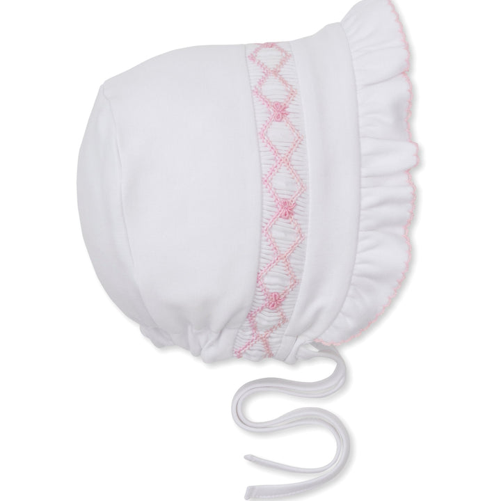 CLB Summer Bows Bonnet W/Hand Smocked White/Pink