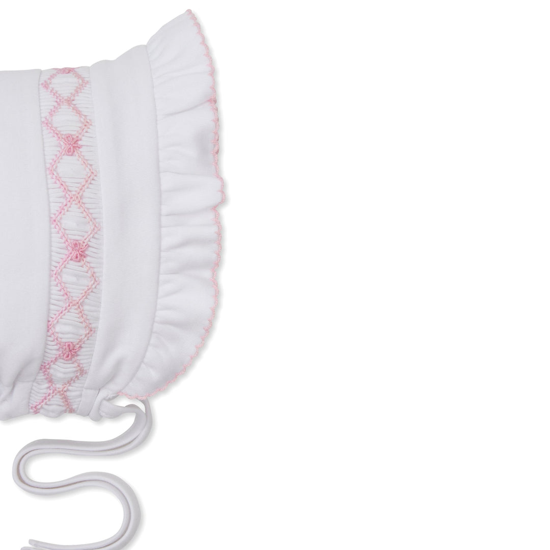 CLB Summer Bows Bonnet W/Hand Smocked White/Pink