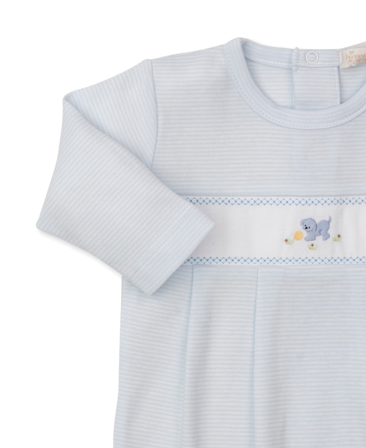 Premier Playful Pups Footie W/ Hand Embroidered Stripe Light Blue