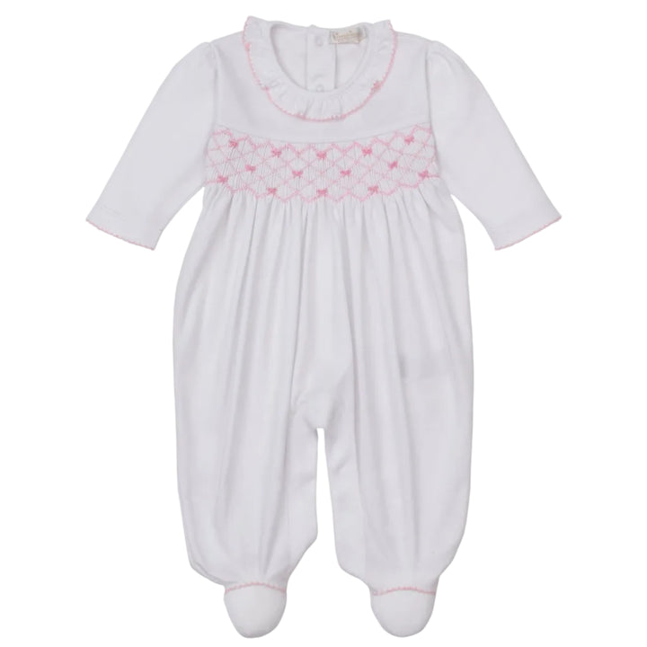 CLB Summer Bows Footie W/Hand Smocked White/Pink