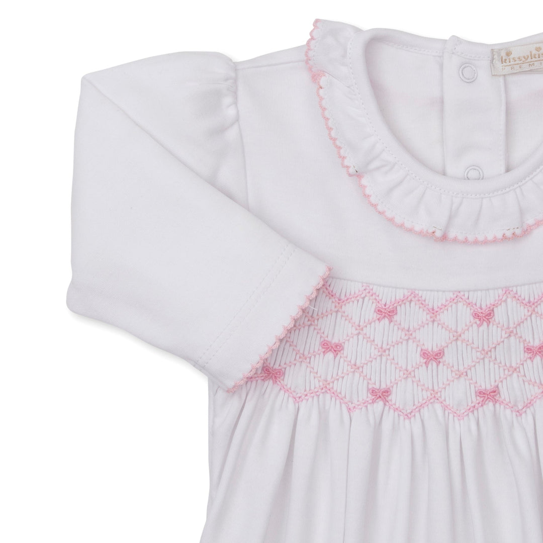 CLB Summer Bows Footie W/Hand Smocked White/Pink