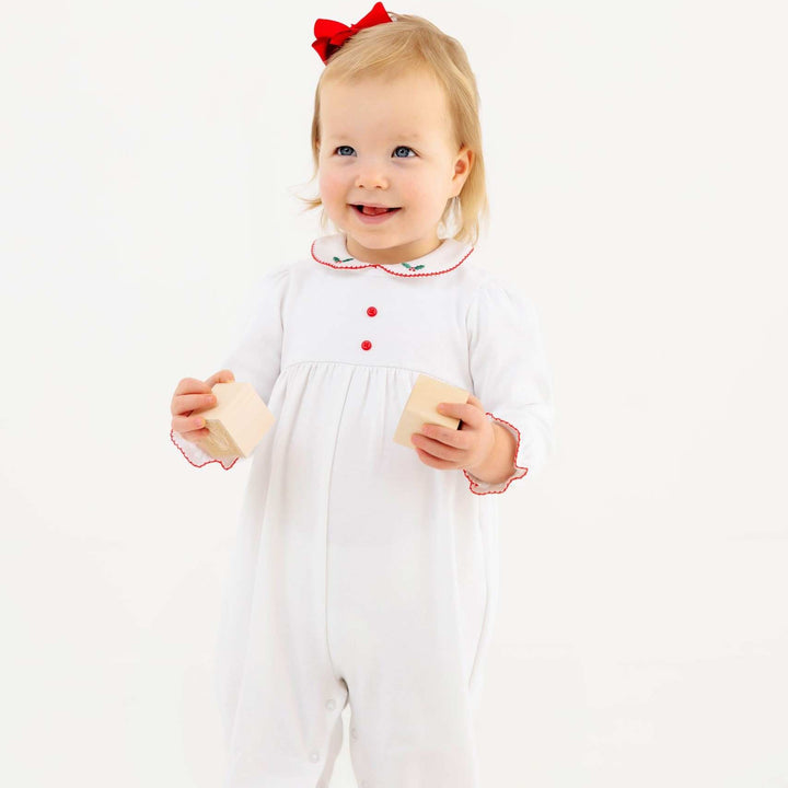 Long Sleeve Britt Romper Worth Ave White with Richmond Red &amp; Holly