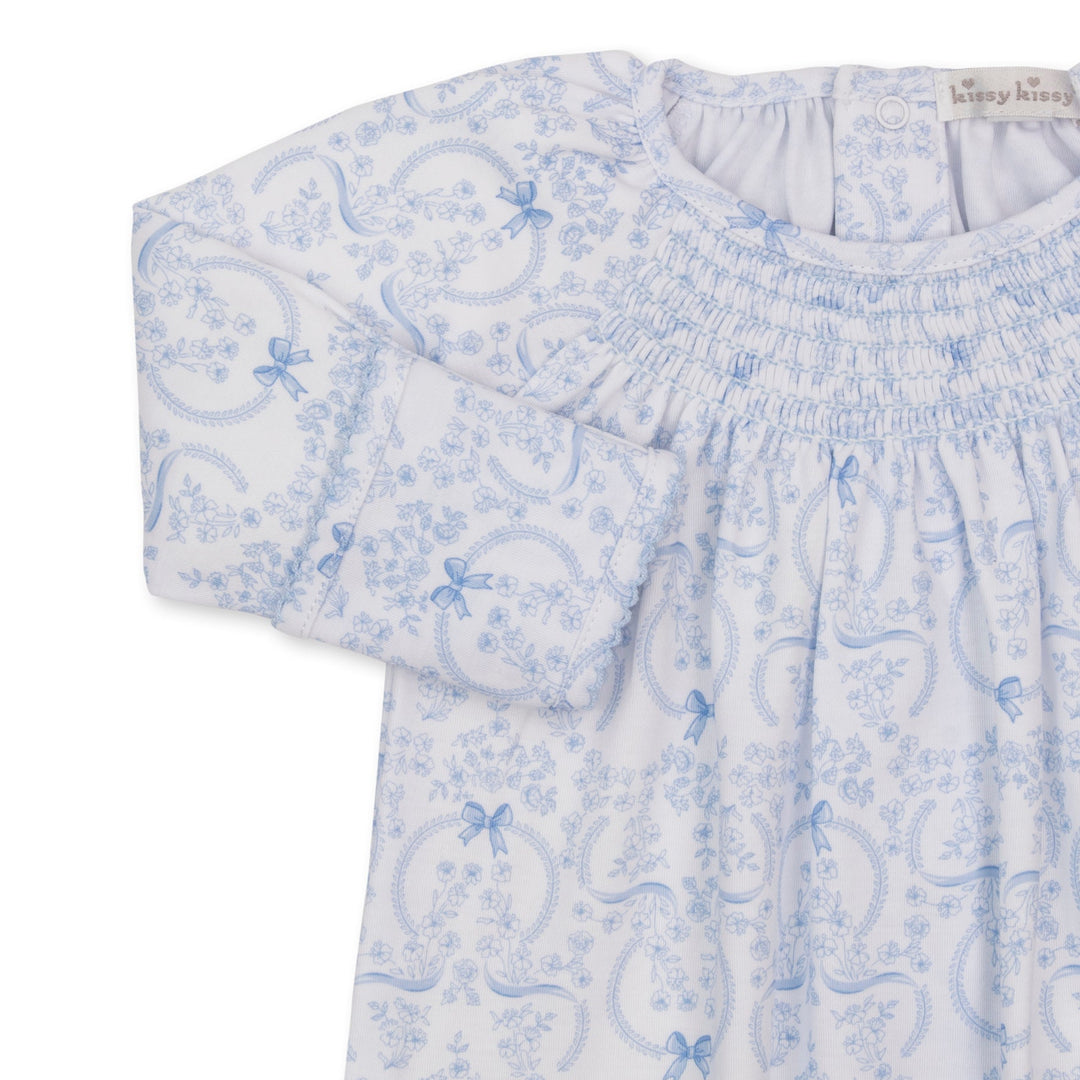 Delicate Blooming Bows Blue Smocked Printed Sack