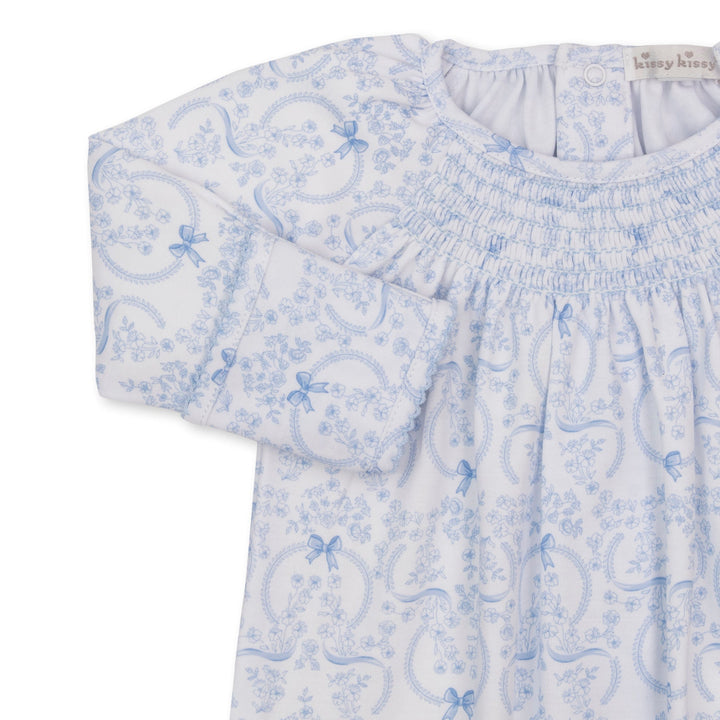 Delicate Blooming Bows Blue Smocked Printed Sack