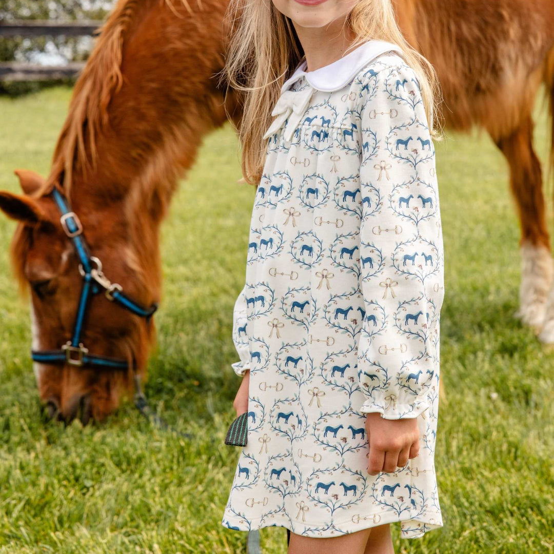 Long Sleeve Banks Bow Dress - Horse Bits and Bows with Worth Ave White