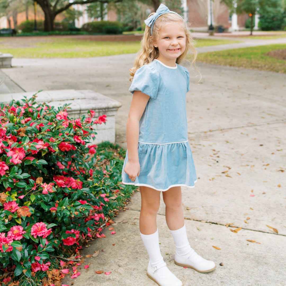 Harper Dress Beaufort Blue Velvet, Winter White Velvet