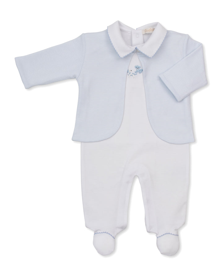 Premier Puppy Paws Blue Stripe Hand Embroidered Footie &amp; Jacket Set
