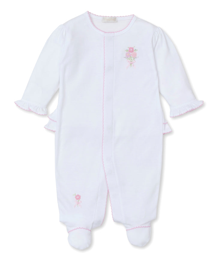 White/Pink Flower Bouquets Footie W/Hand Embroidered