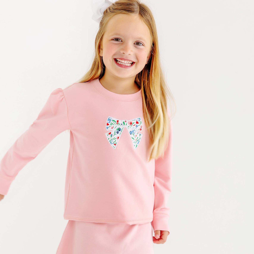 Puff Sleeve Cassidy Comfy Crewneck Sandpearl Pink with Fair St Floral Bow