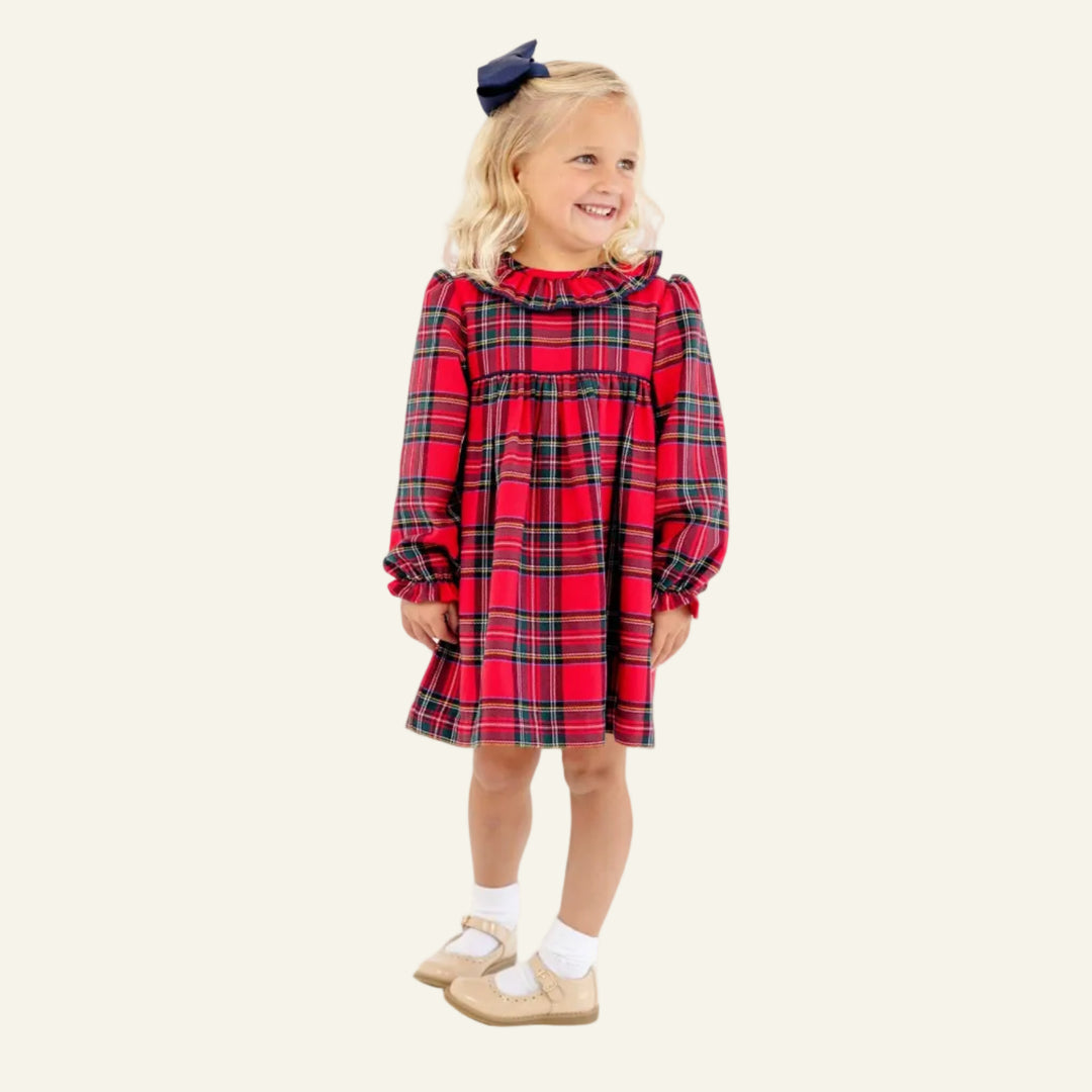 Long Sleeve Ramona Ruffle Dress Society Prep Plaid with Worth Ave White