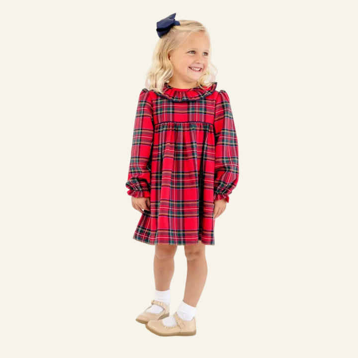 Long Sleeve Ramona Ruffle Dress Society Prep Plaid with Worth Ave White