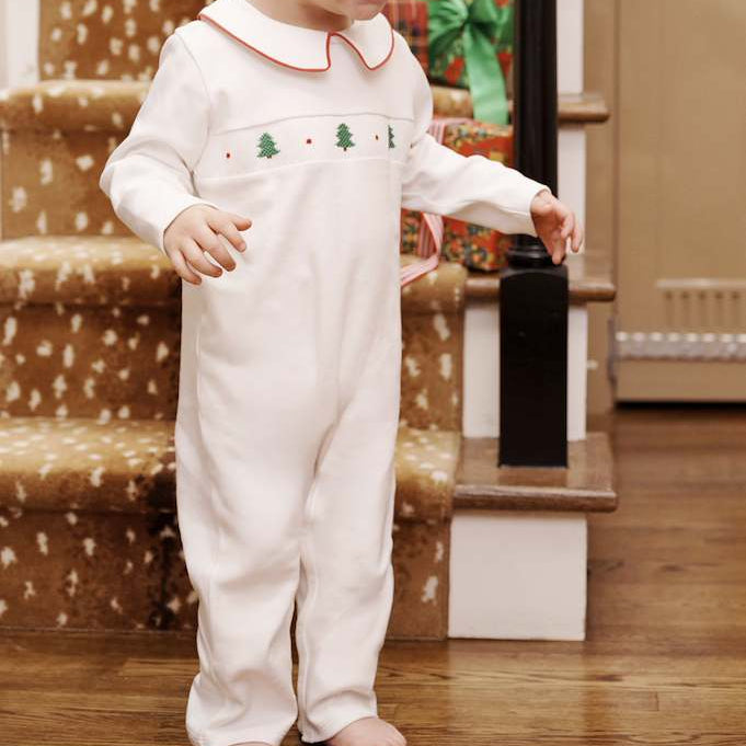 Samuel Smocked Romper Worth Ave White with Richmond Red &amp; Christmas Trees