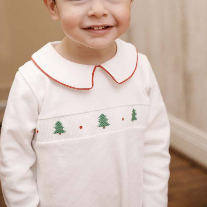 Samuel Smocked Romper Worth Ave White with Richmond Red &amp; Christmas Trees