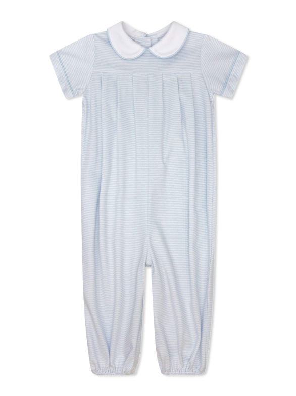 Precious Pleated Romper Louisville Light Blue Ministripe, White Collar, Light Blue Piping